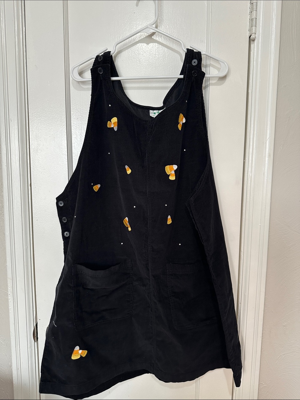 Quacker Factory Black Corduroy Pinafore with Candy Corn Patch
